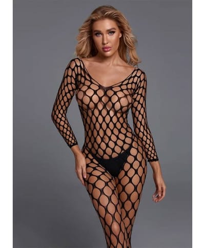 Christine - Fishnet Catsuit with Sleeves Black One Size