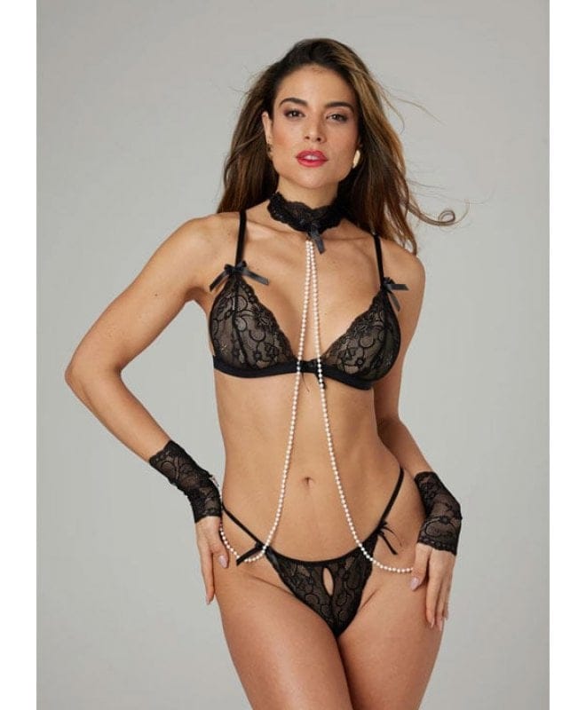 Christine - Pearl and Lace Bondage Cuffs Cleo Black One Size