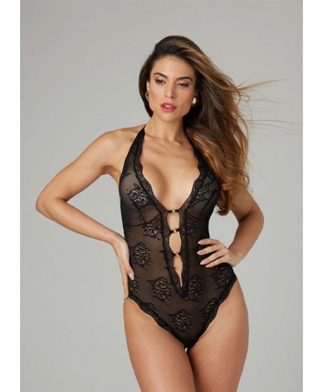 Christine - Lace Open Crotch Body Rose Black 2XL/3XL