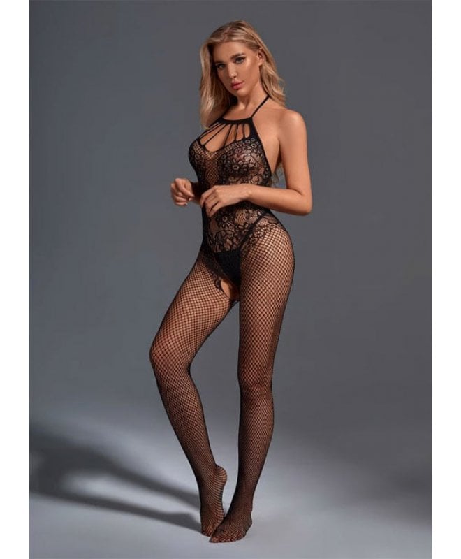 Christine - Crotchless Bodystocking with Flowerlace Black On