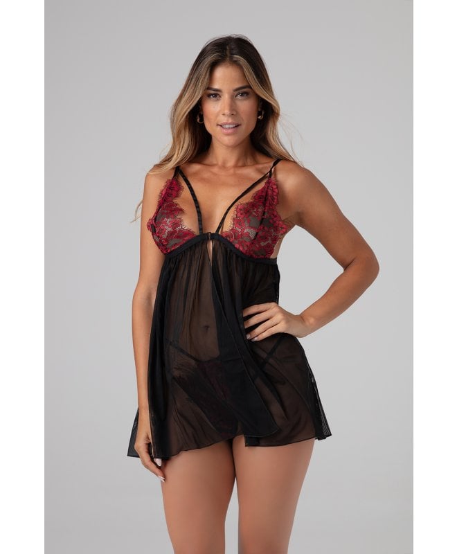 Christine - Babydoll with Thong Fleur de Plaisir Black/Red L